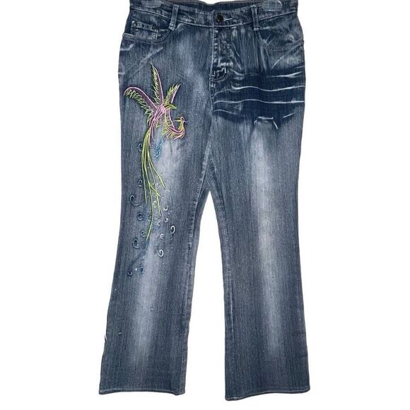 Yuanhui Women's Jeans Size 29‎ Blue Embellished Embroidered Whisker Bootcut - Picture 2 of 11